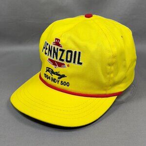 Vtg Pennzoil Indy 500 Racing Strapback Hat Cap Yellow Rope Motorsports Mens 90s